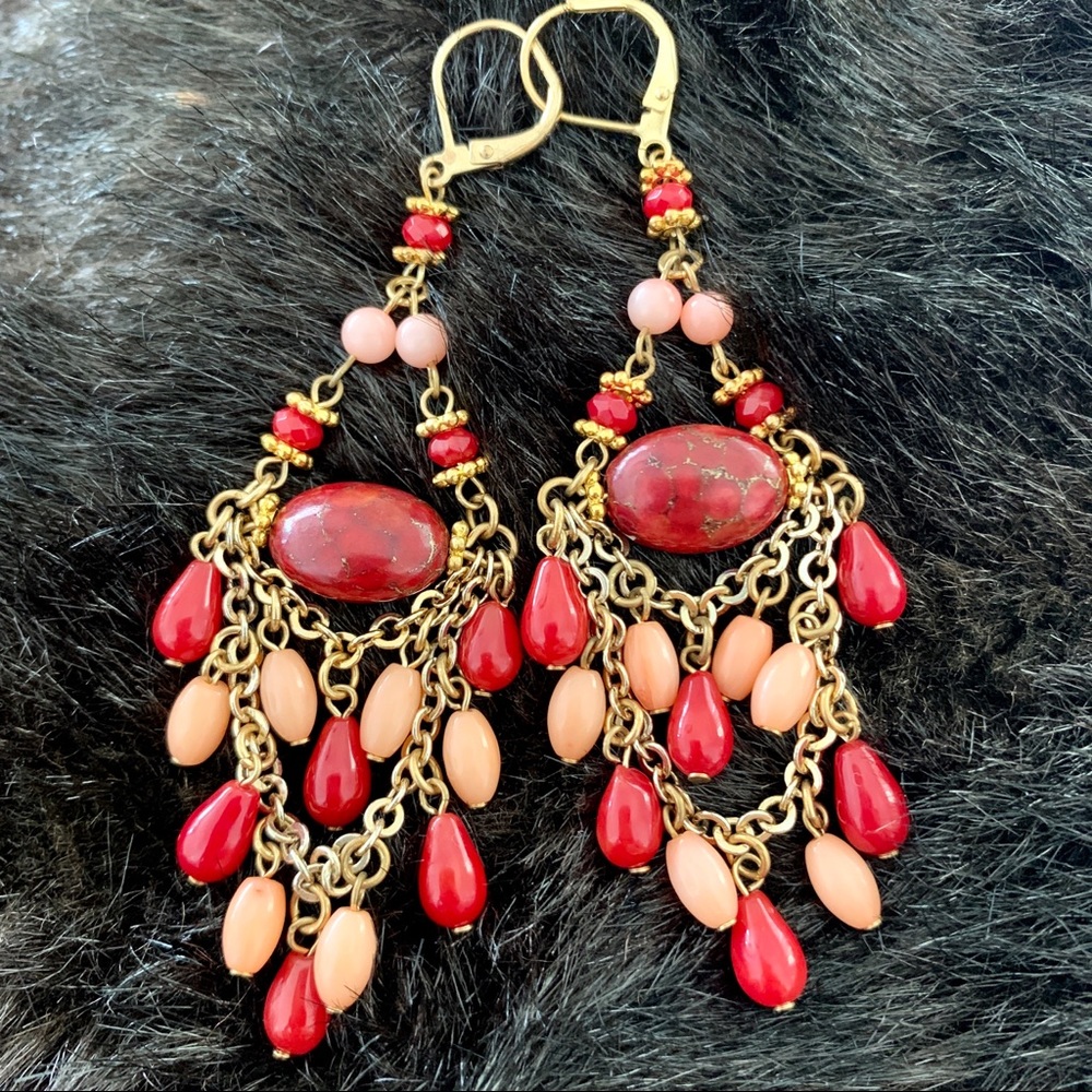 Stunning Red & Coral Beaded Chandelier Earrings